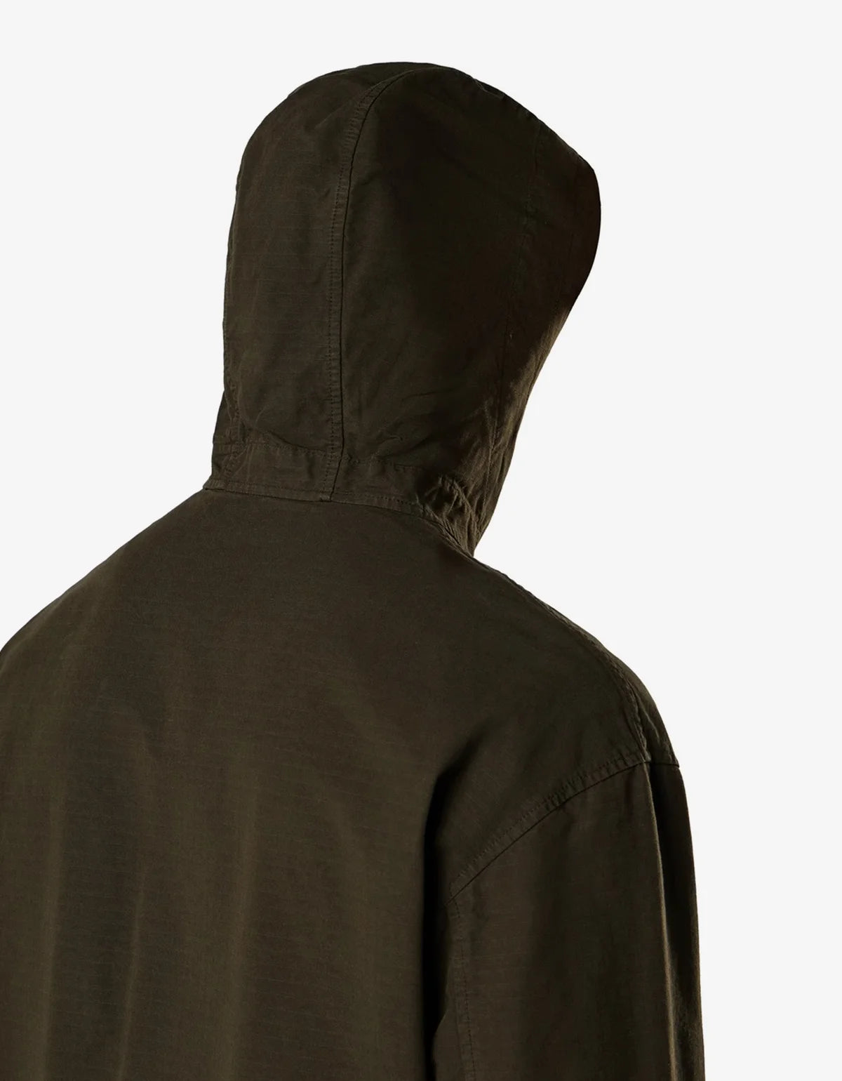 Close-up back view of a hooded jacket in a very dark olive-brown color against a plain light gray background.