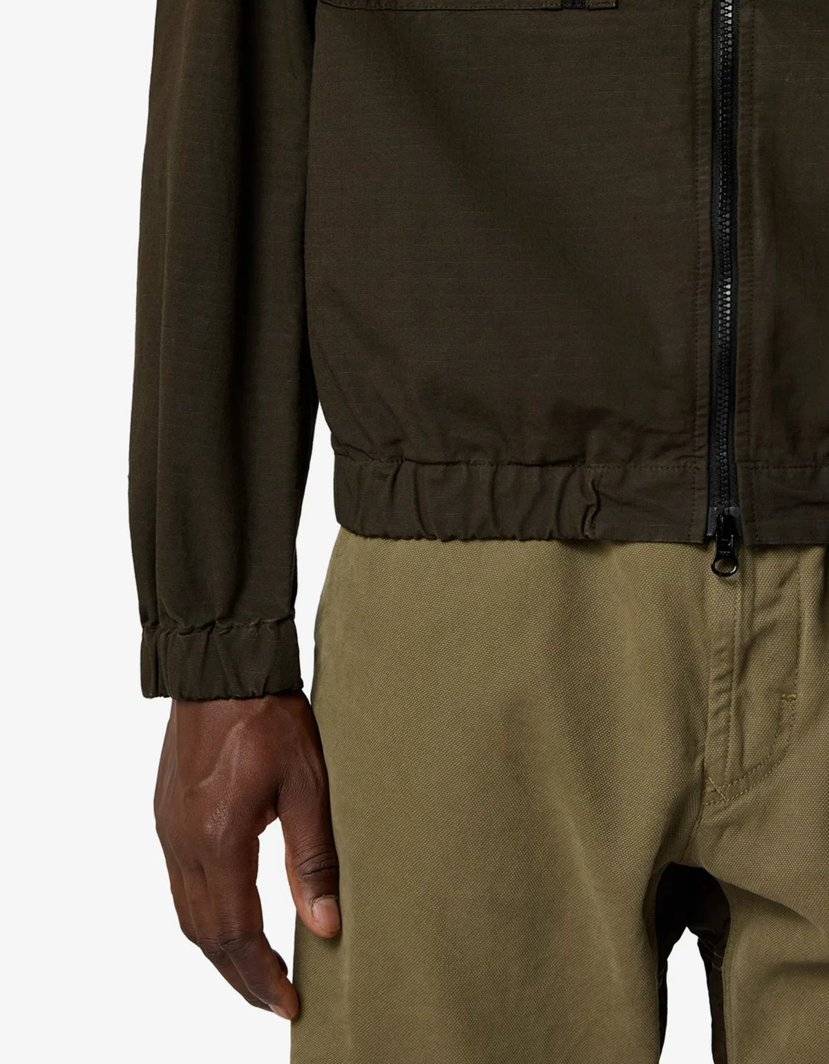 Close-up of a person wearing an olive brown zip-up jacket and olive pants, showing the sleeve, zipper, and hand against a plain light background.