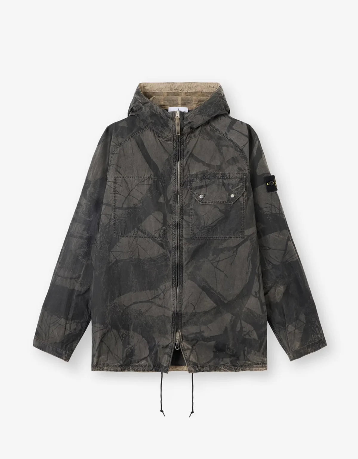 A hooded zip-up jacket with an all-over dark camouflage pattern, featuring a front zipper, chest pockets, and a black sleeve patch, shown against a plain light gray background.