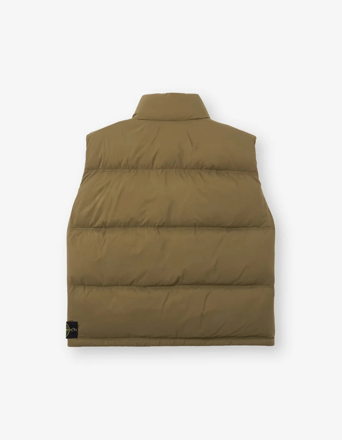 A sleeveless, horizontally quilted puffer vest in a muted olive-brown or khaki color, shown from the back against a clean white background.