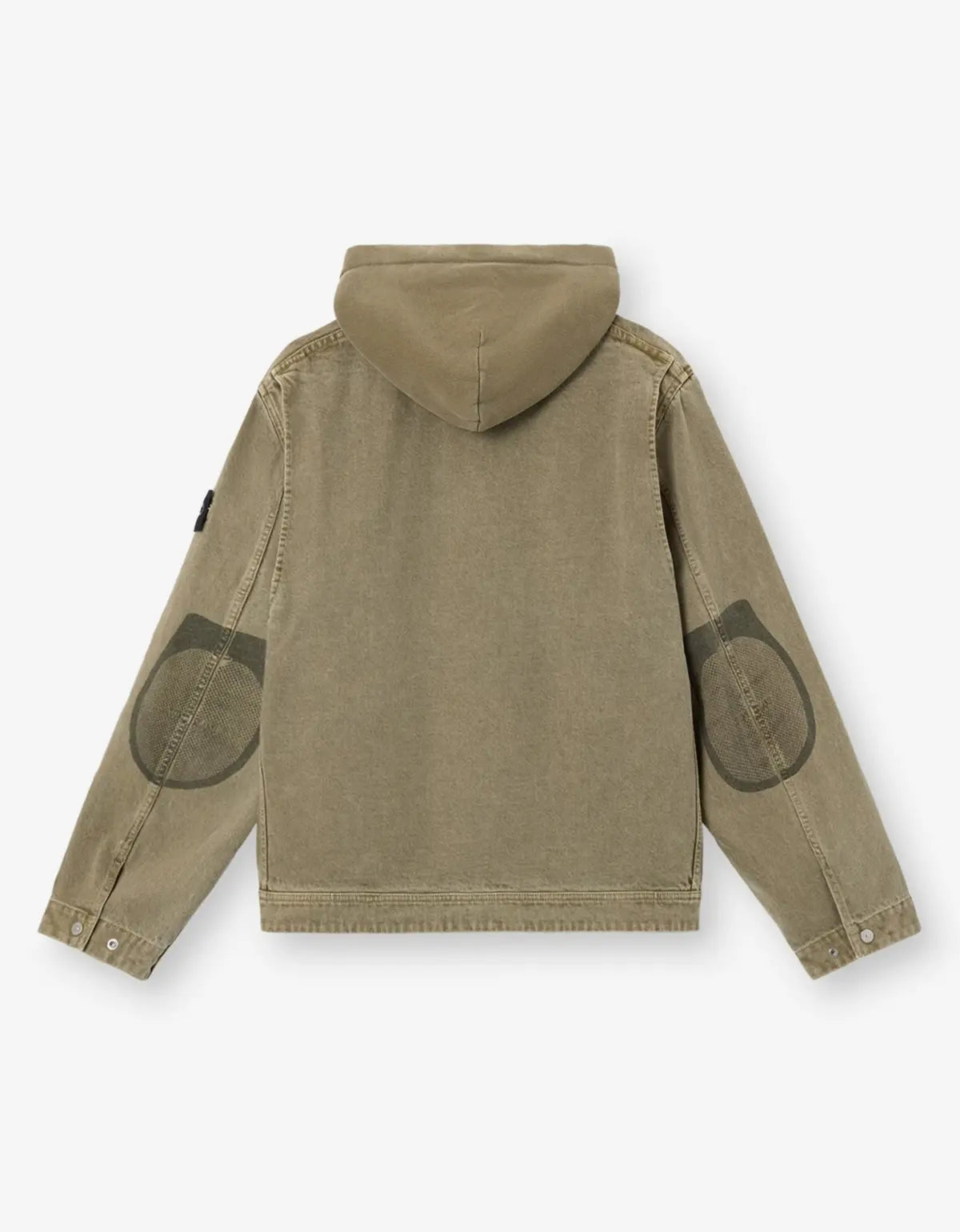 A child's hooded jacket in a muted khaki or olive-tan color, shown from the back. It features dark gray patchwork details on the sleeves and a small black brand patch on the upper left shoulder.