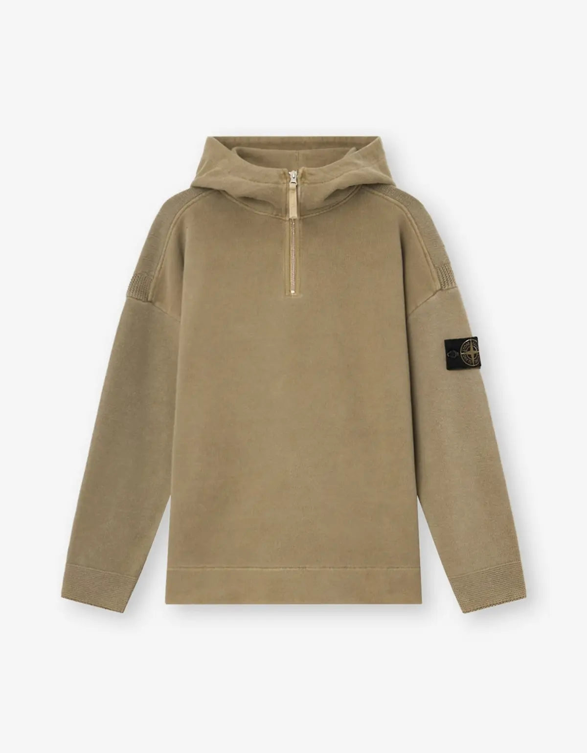 A Stone Island kids' pullover hoodie in a warm khaki-tan color, featuring a half-zip neckline, a hood, and the signature compass patch on the left sleeve, displayed against a clean white background.