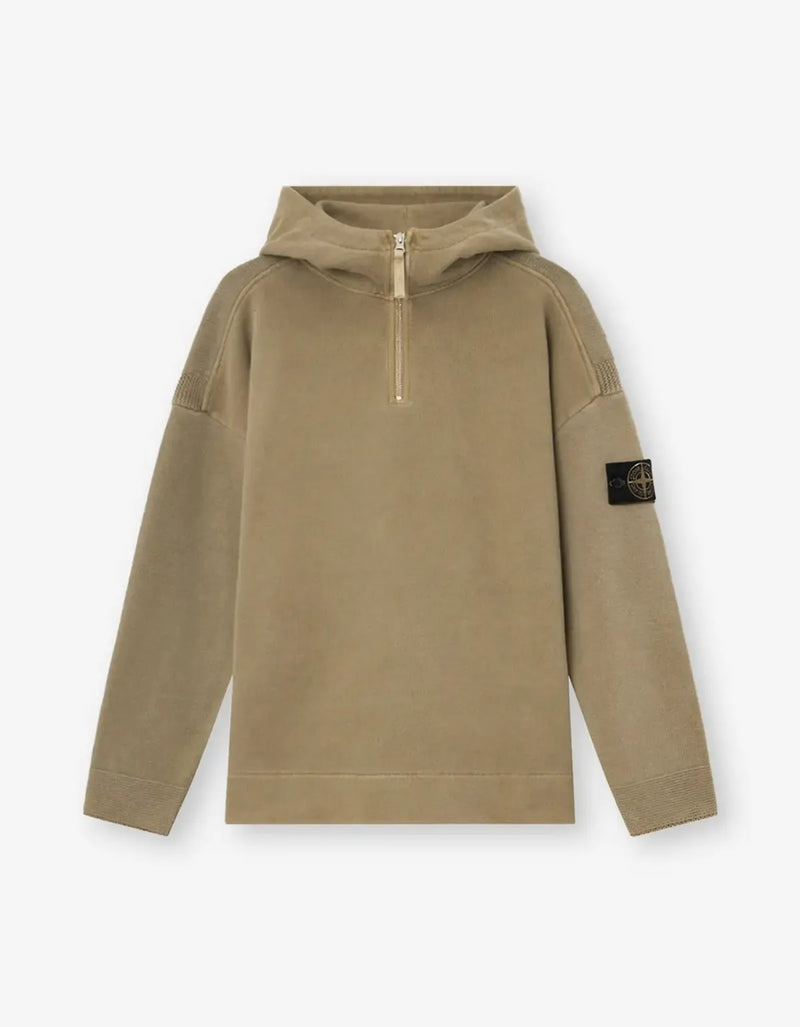 A Stone Island kids' pullover hoodie in a warm khaki-tan color, featuring a half-zip neckline, a hood, and the signature compass patch on the left sleeve, displayed against a clean white background.