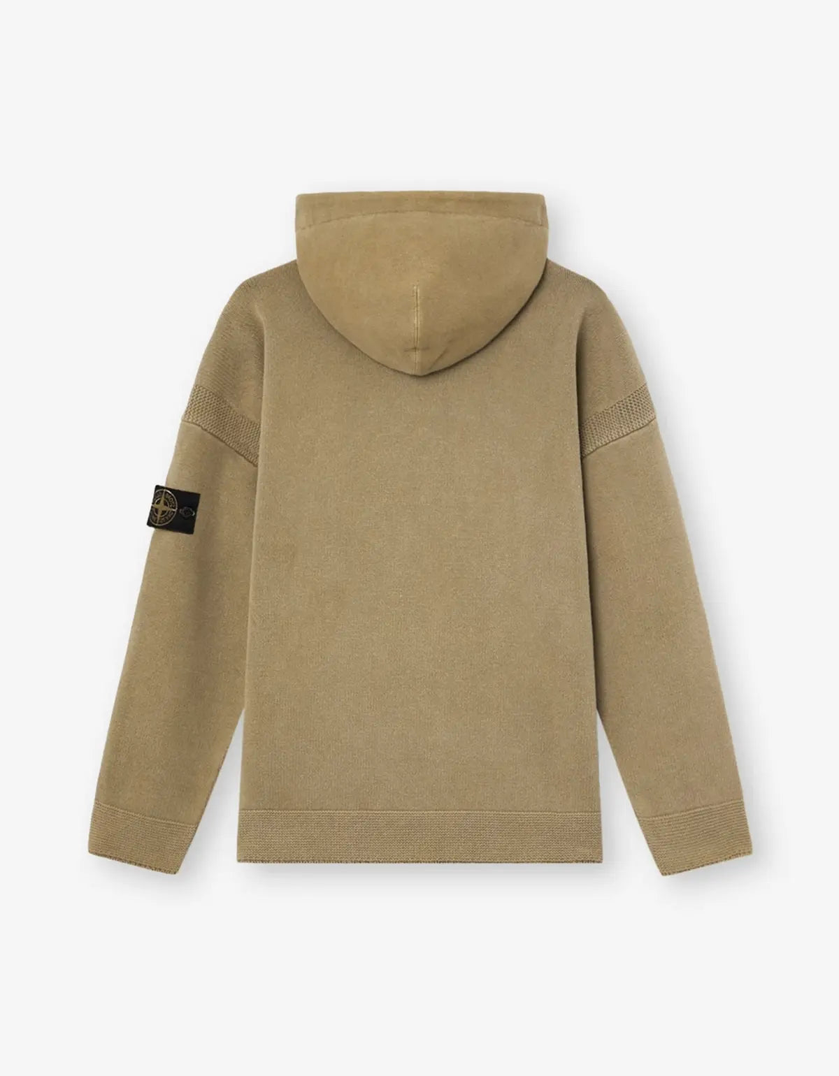 A beige hooded sweatshirt shown from the back, featuring a black rectangular Stone Island logo patch on the left sleeve, set against a clean white background.