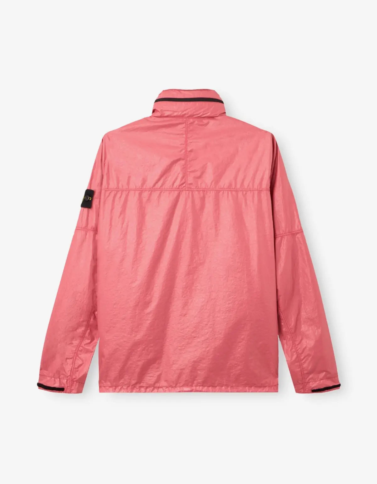 A pink lightweight jacket shown from the back, featuring a high collar, a vertical seam across the upper back, and a black rectangular brand patch on the left sleeve, set against a plain light gray background.