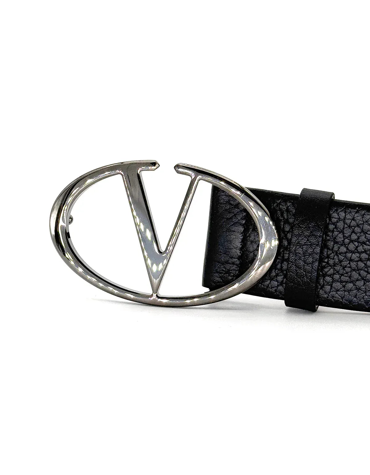 Valentino Garavani Black V Buckle Grain Leather Belt