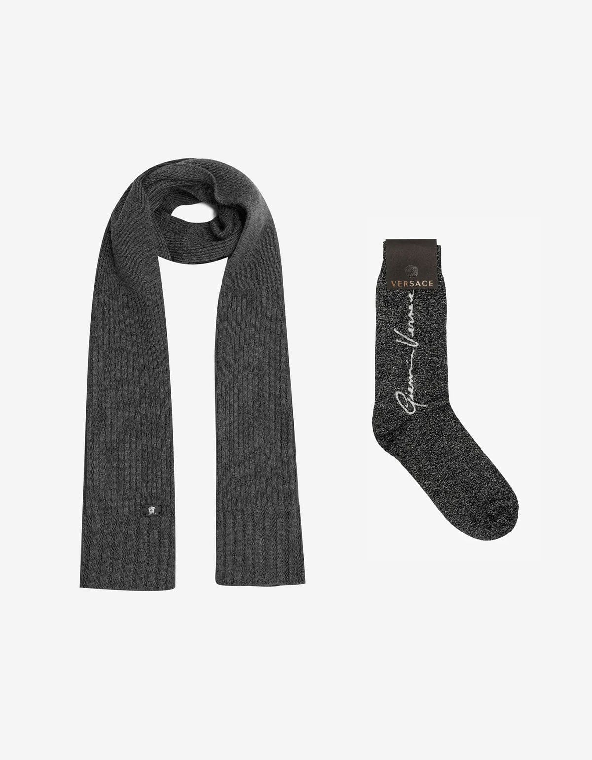 Versace Grey Ribbed Wool Scarf & Socks Set