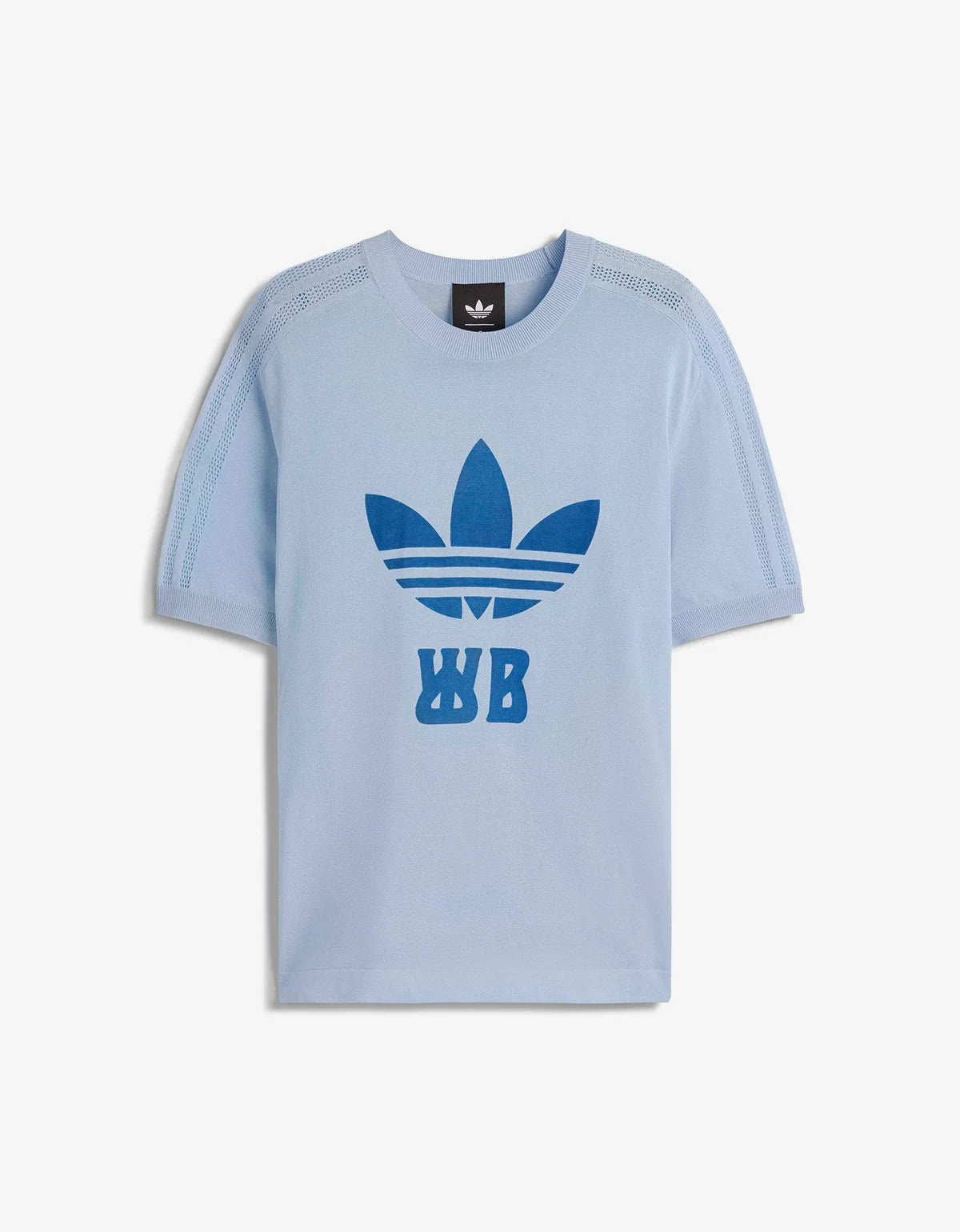 A light blue short-sleeve t-shirt with a blue Adidas Trefoil logo and 'WB' initials printed on the front, displayed against a light gray background.
