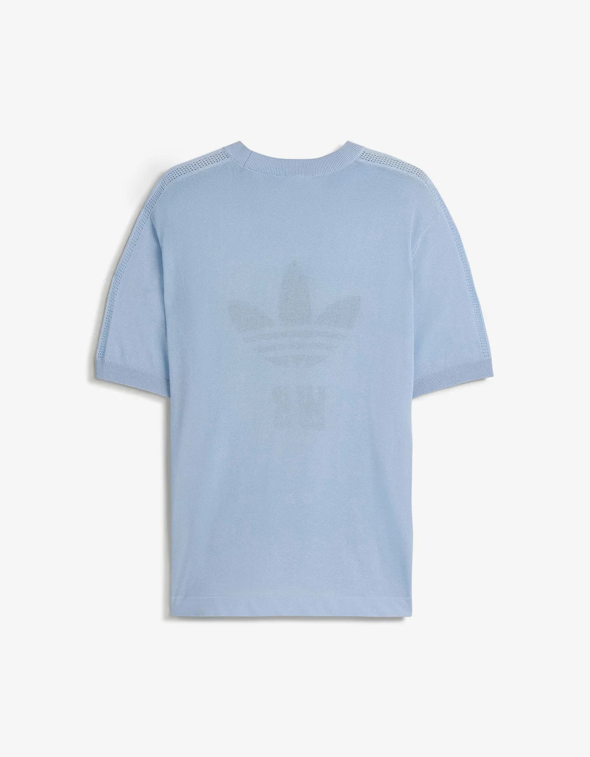 A light blue short-sleeve t-shirt with a tonal, slightly faded Adidas Trefoil logo centered on the chest, displayed against a clean off-white background.