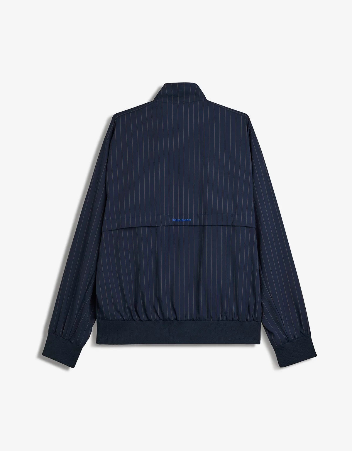 A navy blue pinstriped jacket shown from the back, featuring a stand collar, long sleeves with ribbed cuffs, and a horizontal seam across the upper back. The brand name 'Burberry' is subtly printed in blue on the center back.
