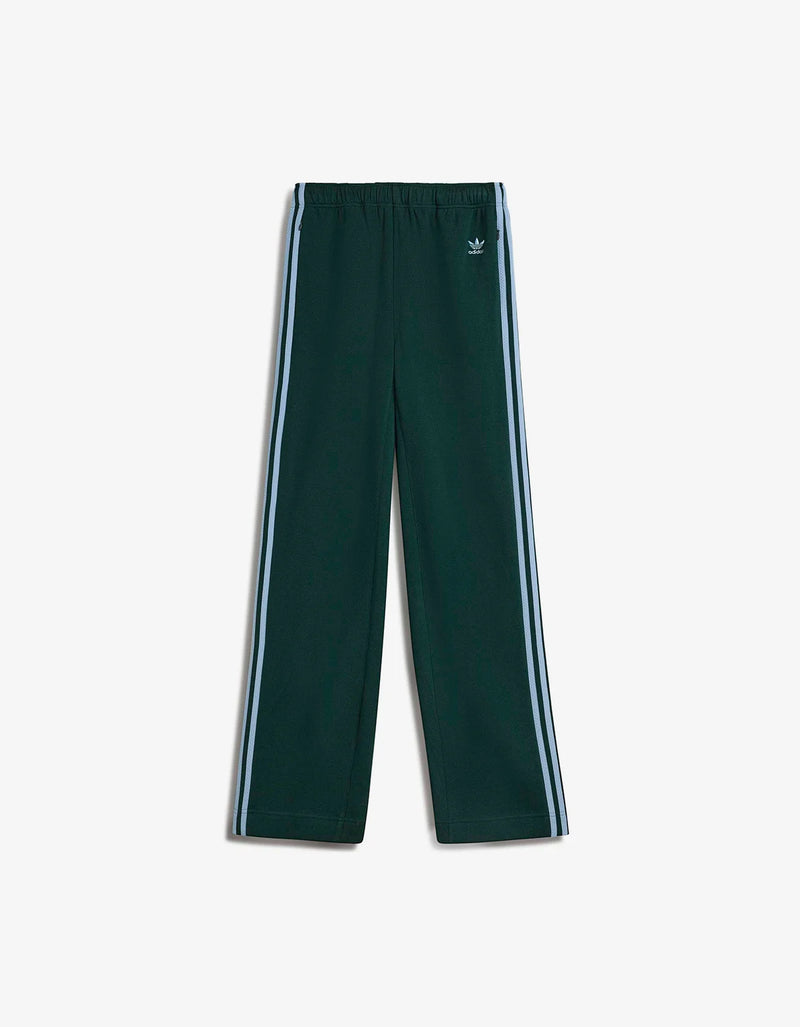 Dark green Adidas track pants with white side stripes and a blue trefoil logo on the upper left hip, shown flat on a light gray background.