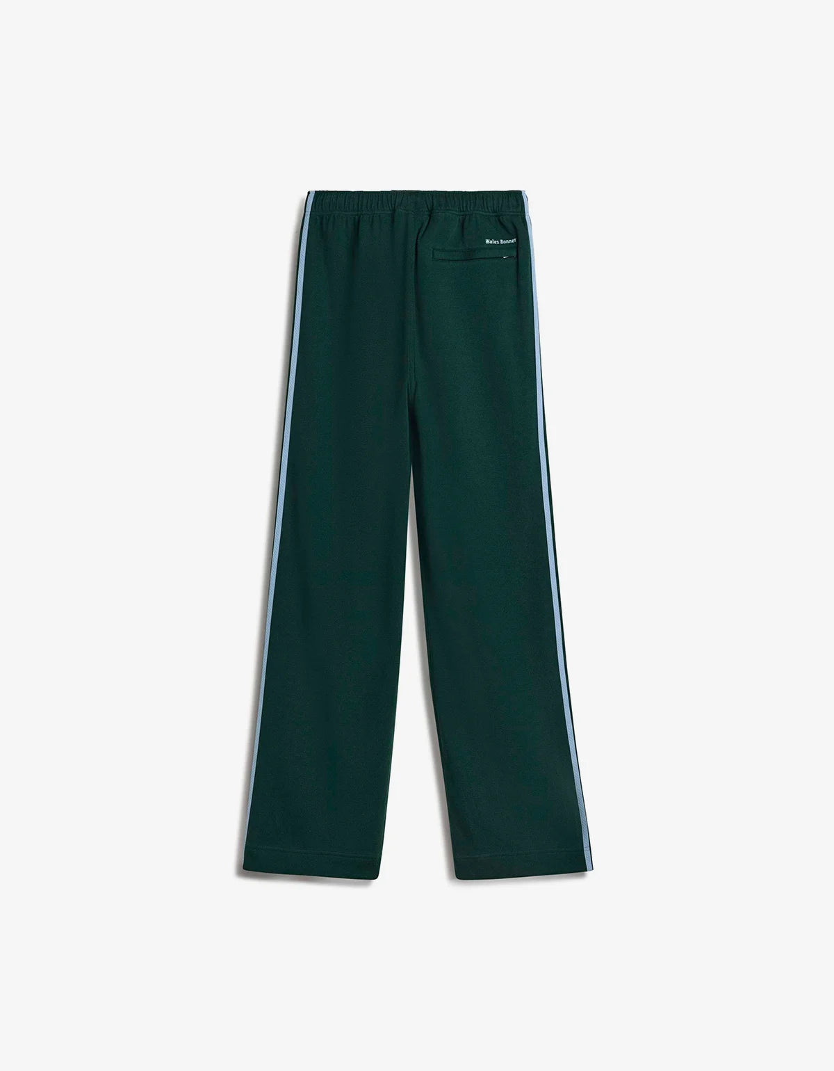 Dark green wide-leg track pants with blue side stripes and a small white embroidered logo on the upper left leg, shown flat against a light gray background.