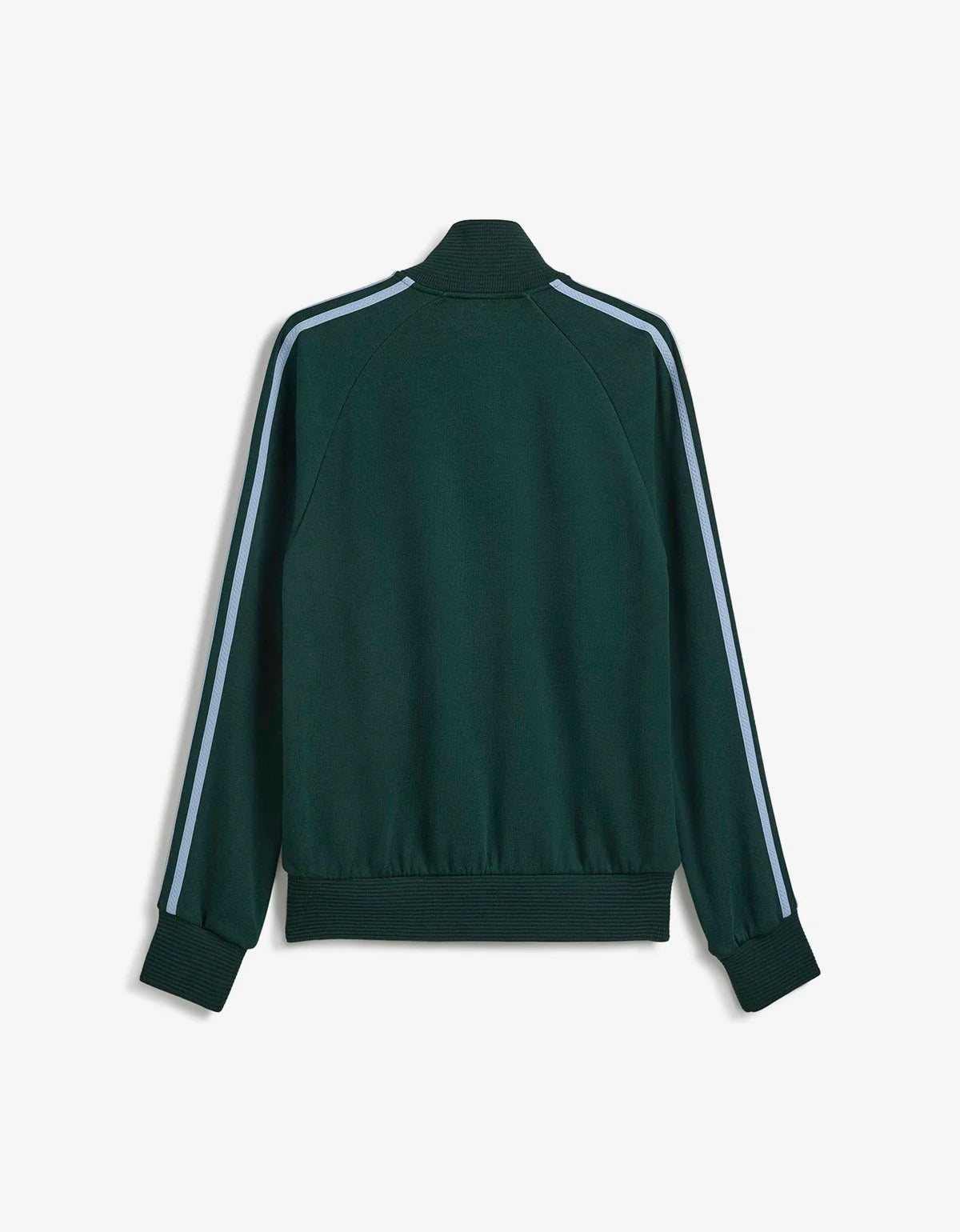 A dark green track jacket shown from the back, featuring light blue stripes running down the sleeves, set against a plain light gray background.