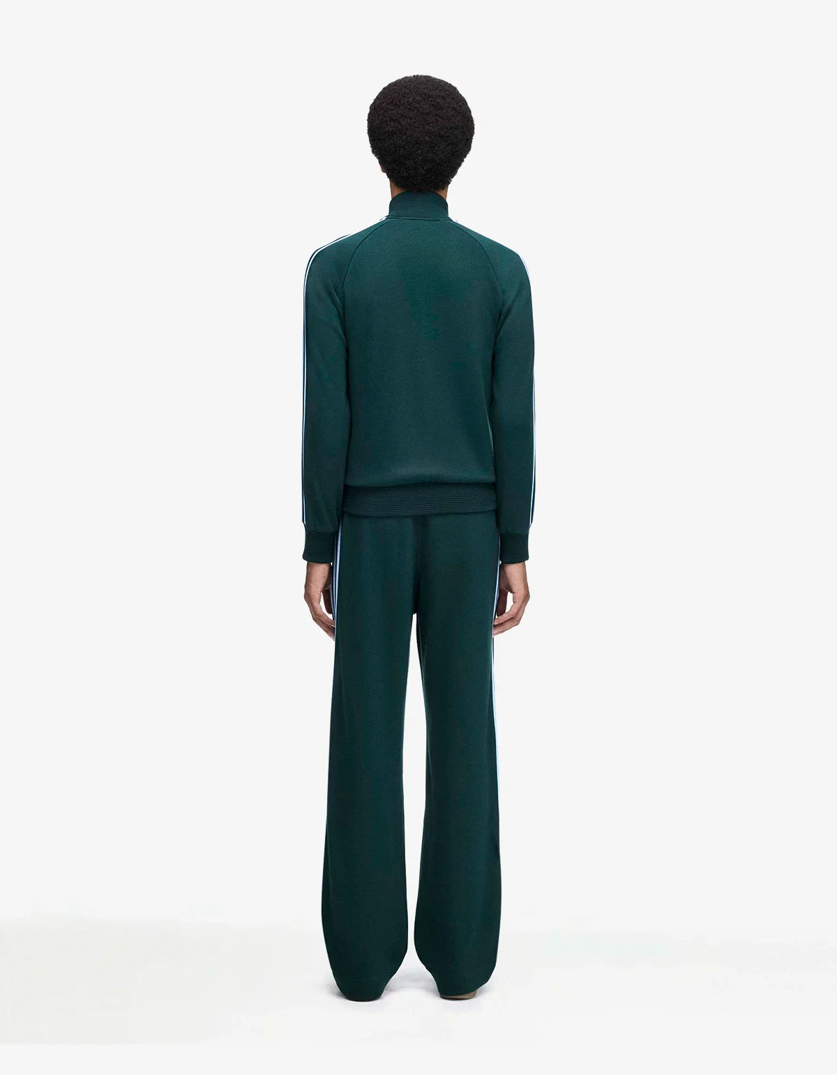 A model viewed from the back wearing a dark green knit mock-neck top and matching wide-leg trousers against a plain white studio background.