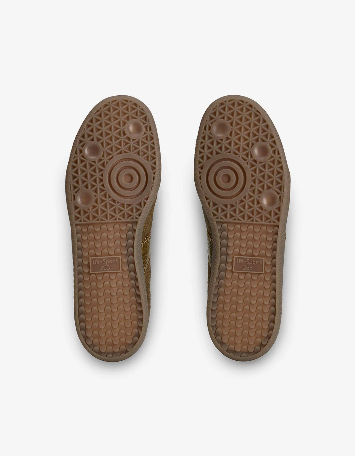 A pair of brown shoes shown from a top-down view, displaying their textured rubber soles against a light gray background.