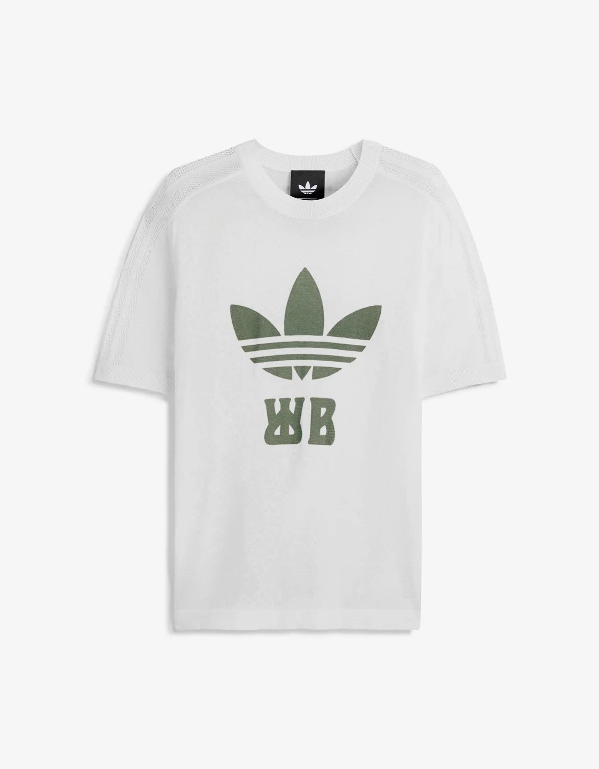 A white short-sleeve crewneck t-shirt featuring a large green Adidas Trefoil logo with 'WB' lettering on the front, displayed against a clean white background.