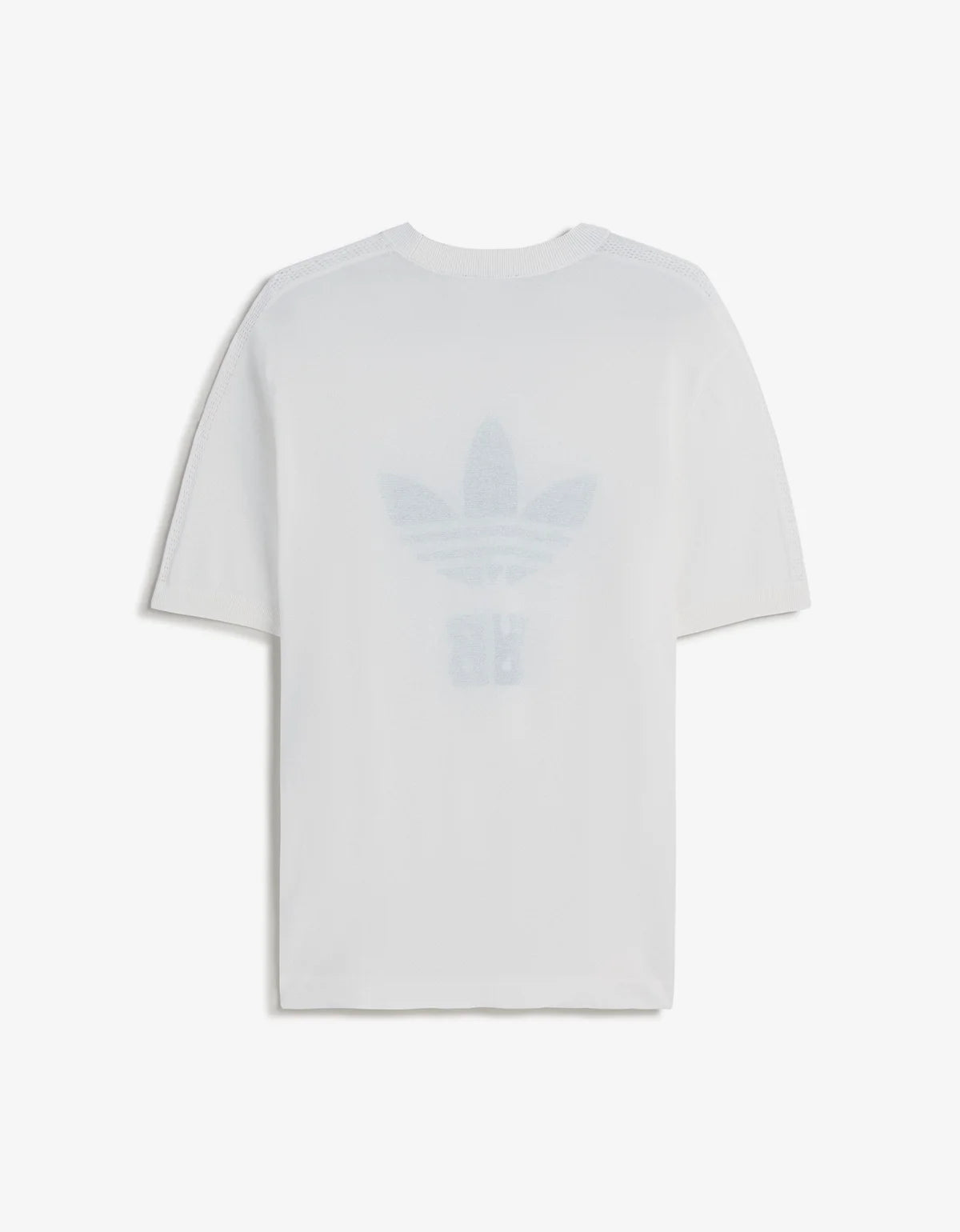 A white short-sleeve t-shirt with a subtle, tonal light blue Adidas Trefoil logo on the chest, displayed against a clean white background.