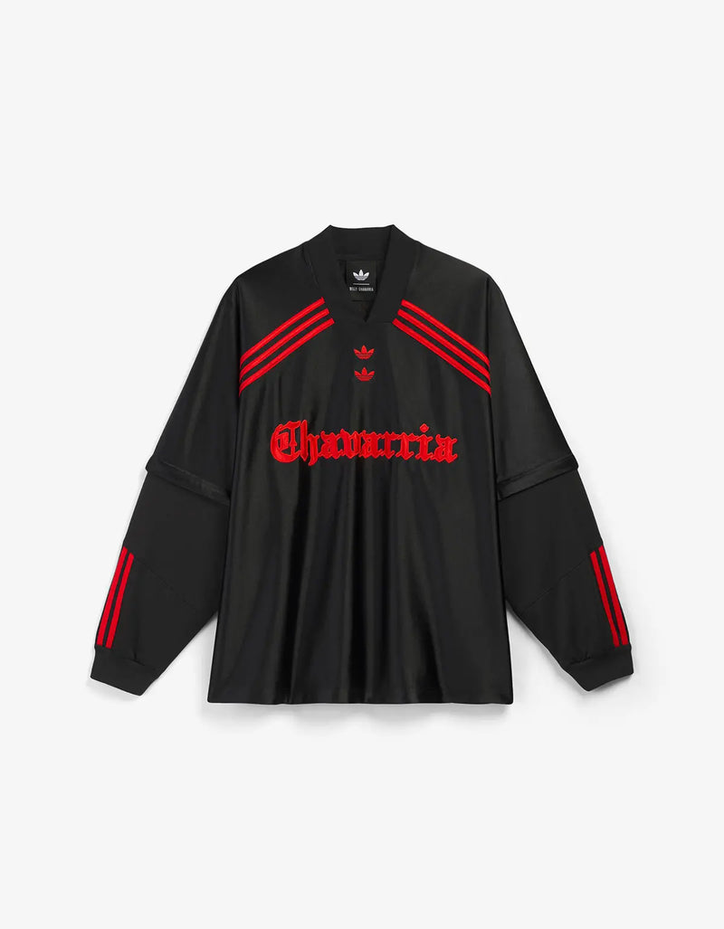 A black Adidas long-sleeve jersey with red accents, featuring three red stripes on the shoulders and sleeves, a red trefoil logo, and 'Spursrix' written in red across the chest.
