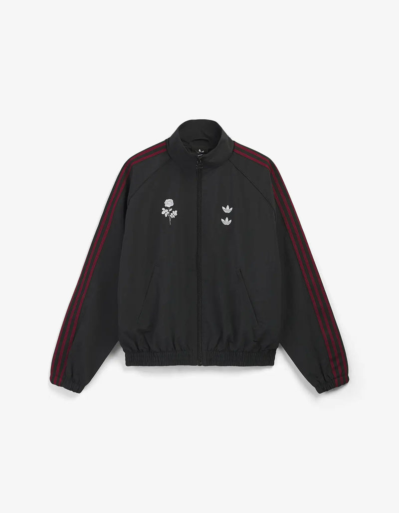 A black zip-up track jacket with red stripes down the sleeves and white embroidered Adidas trefoil logos on the chest, displayed on a clean white background.