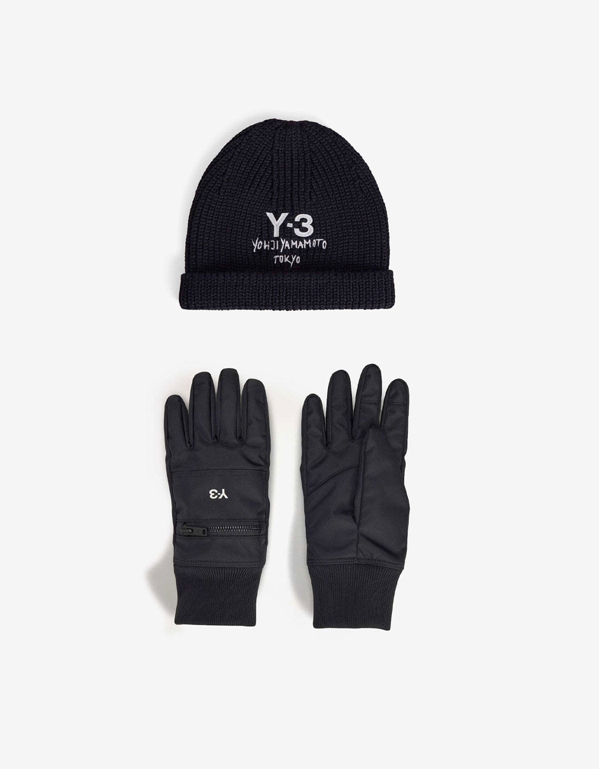 Y-3 Black Beanie Hat & Gloves Set
