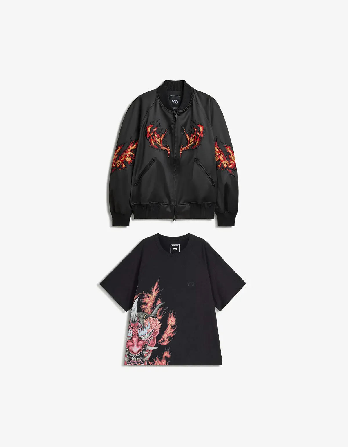 Y-3 Black Embroidered Graphic Satin Souvenir Jacket & Black T-Shirt