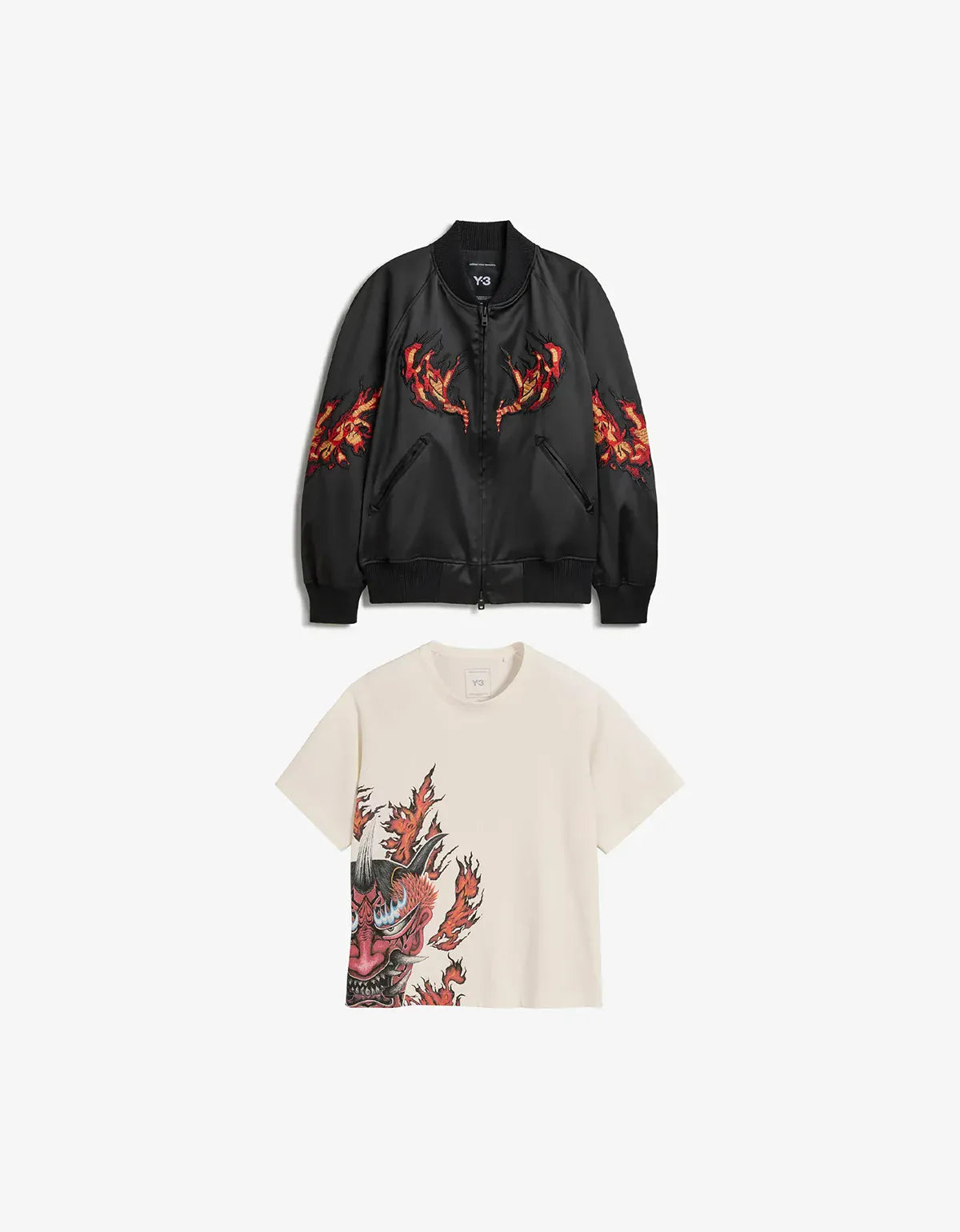 Y-3 Black Embroidered Graphic Satin Souvenir Jacket  & White T-Shirt