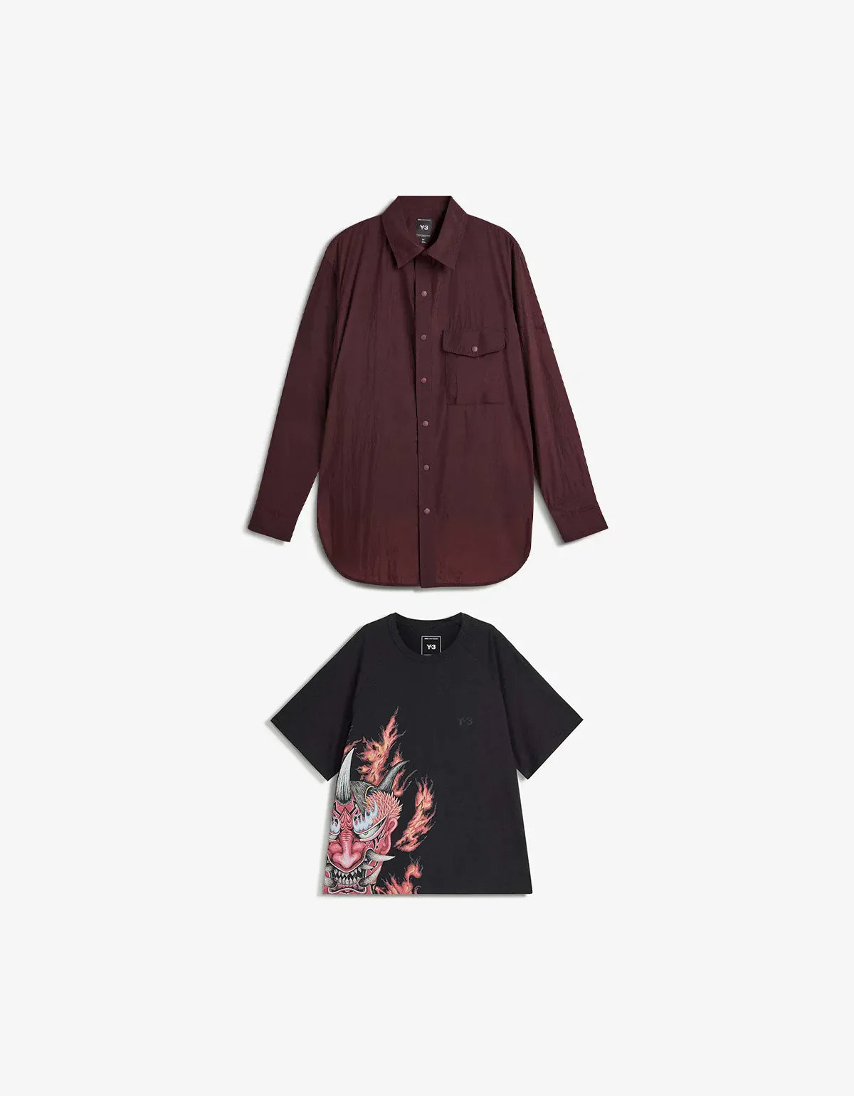 Y-3 Night Red Gradient 3-Stripes Nylon Overshirt & Black T-Shirt