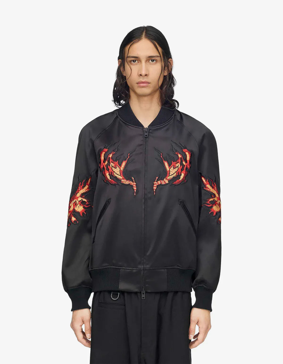 Y-3 Black Embroidered Graphic Satin Souvenir Jacket KR1110