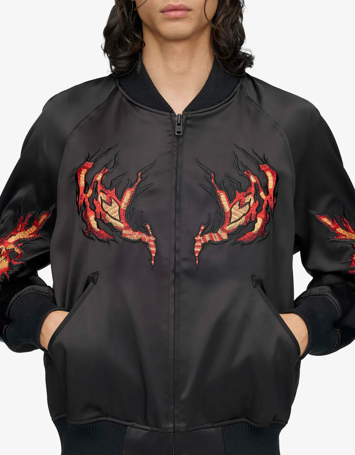 Y-3 Black Embroidered Graphic Satin Souvenir Jacket KR1110