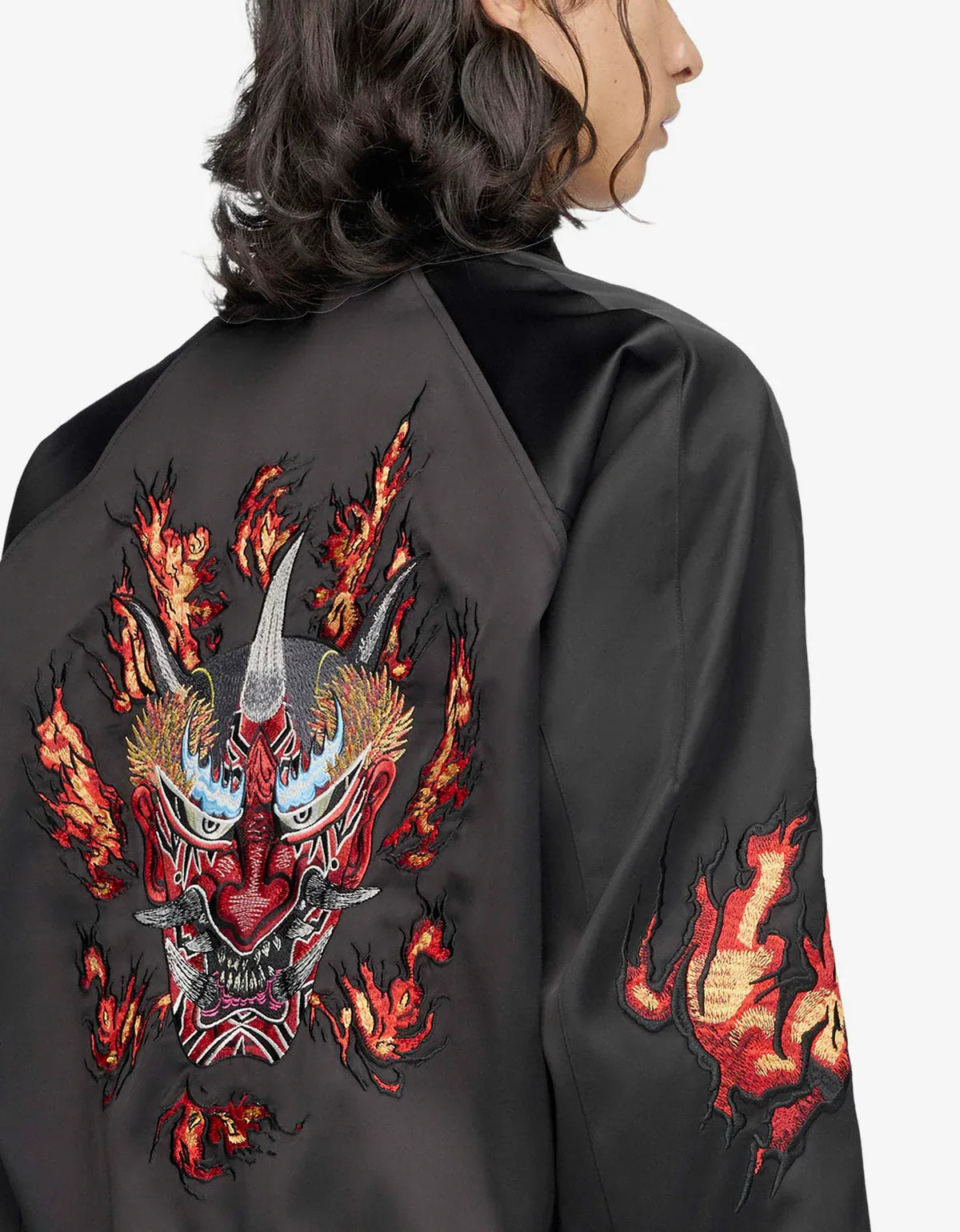 Y-3 Black Embroidered Graphic Satin Souvenir Jacket KR1110