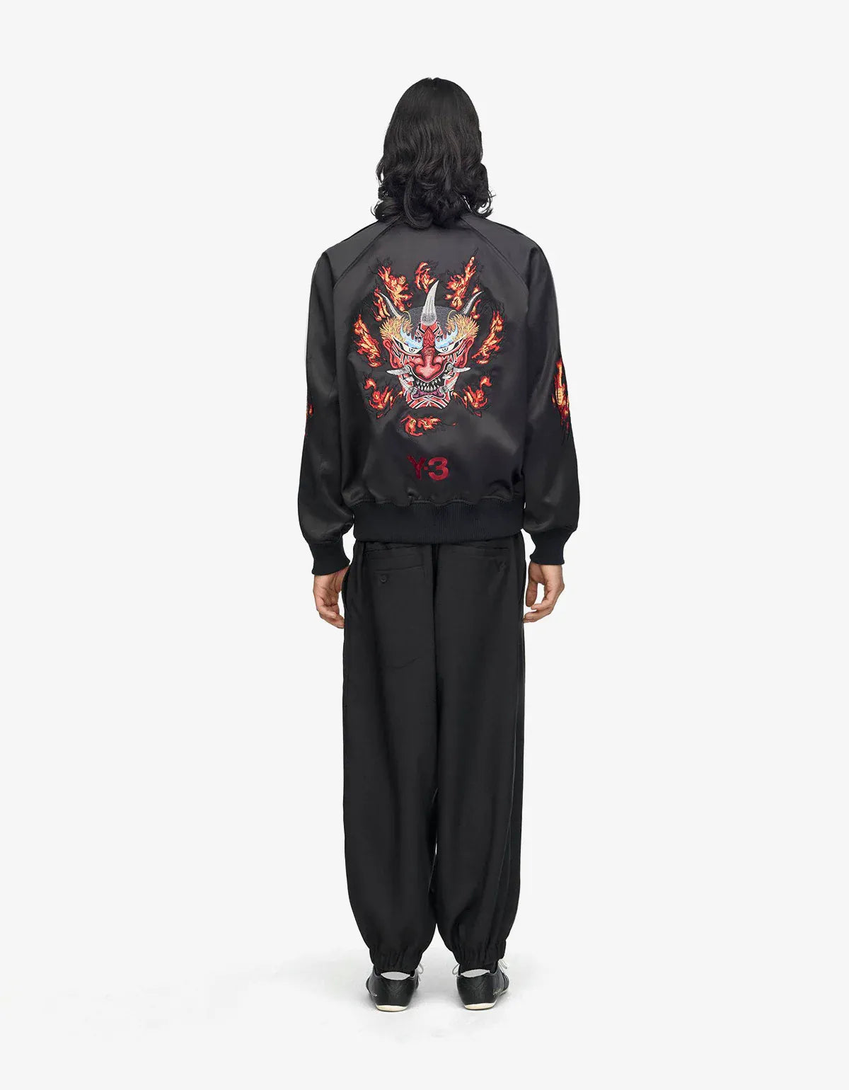 Y-3 Black Embroidered Graphic Satin Souvenir Jacket KR1110
