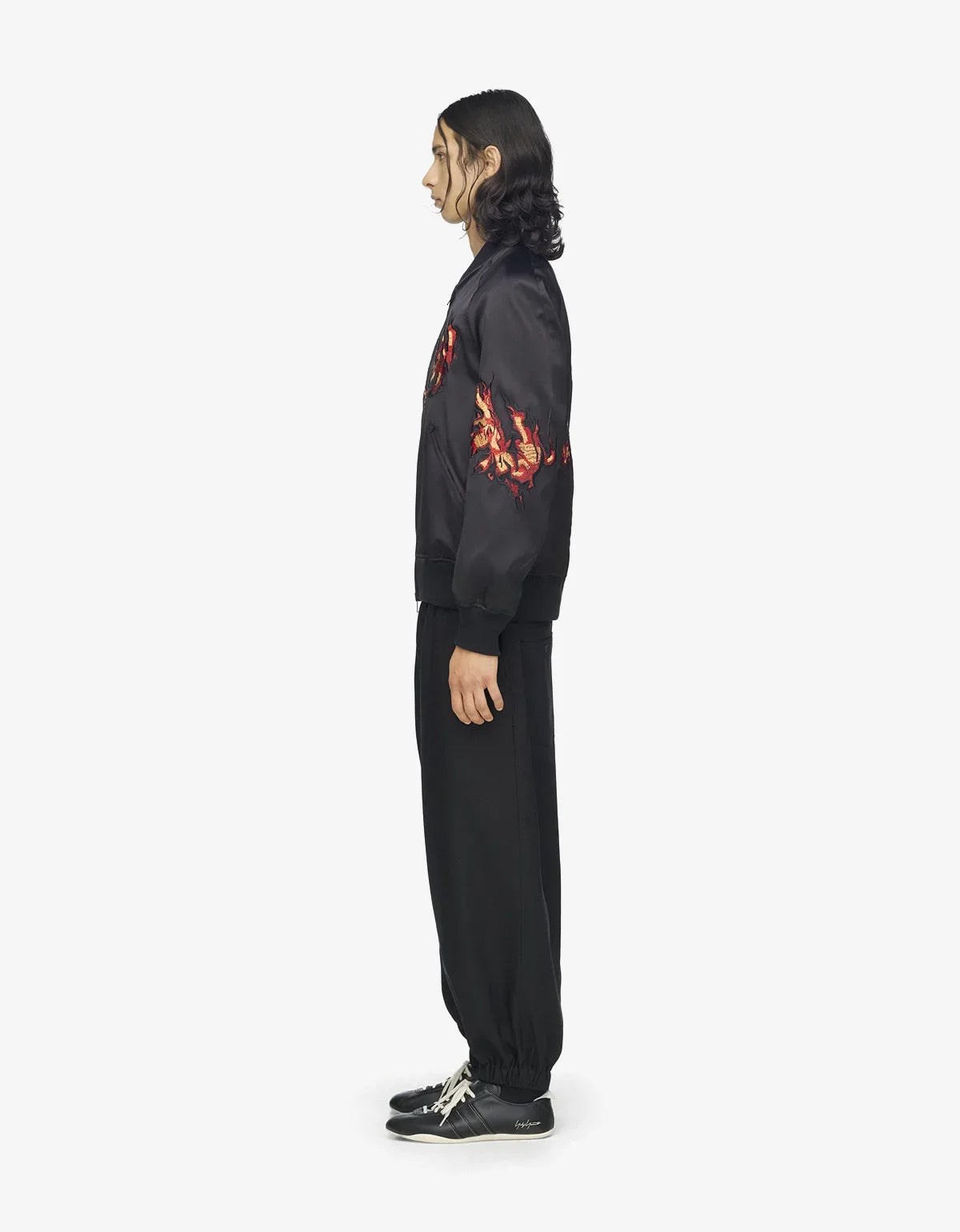 Y-3 Black Embroidered Graphic Satin Souvenir Jacket KR1110