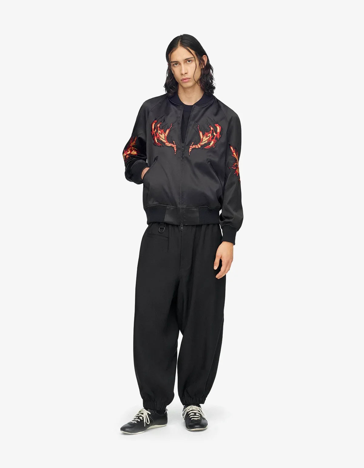 Y-3 Black Embroidered Graphic Satin Souvenir Jacket KR1110