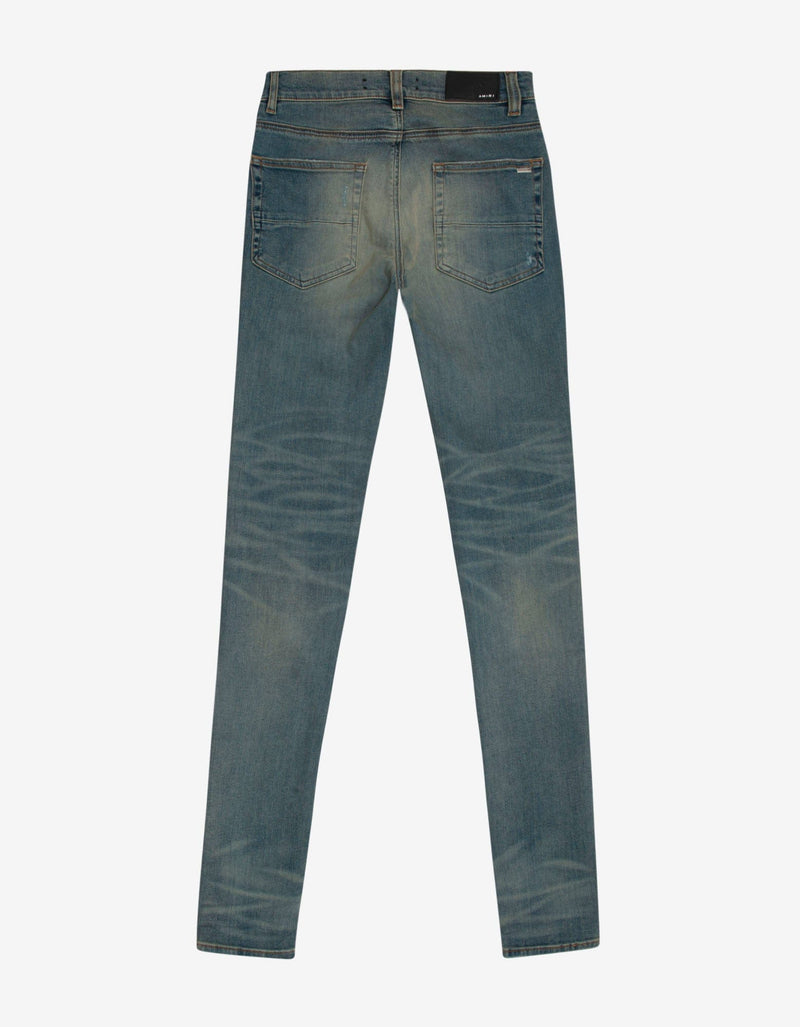 Amiri MX1 Classic Indigo Leather Insert Distressed Skinny Jeans