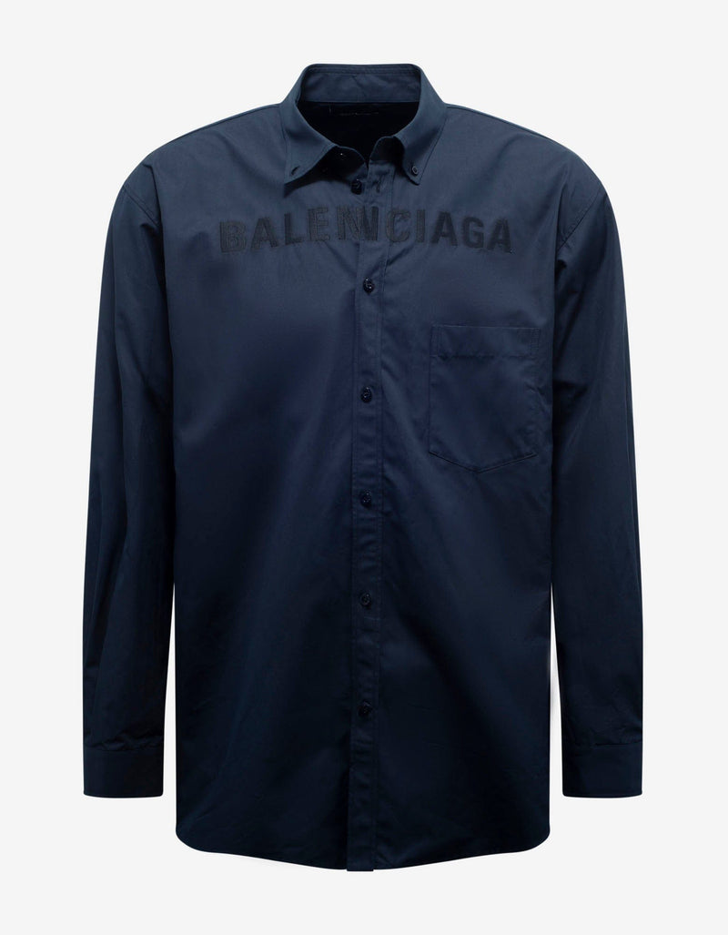 Balenciaga Navy Blue Logo Embroidery Oversized Shirt