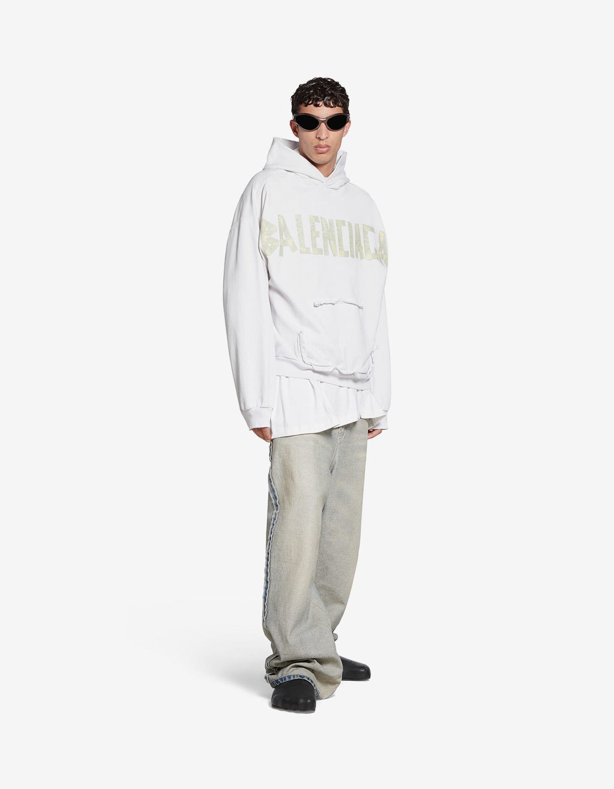 Balenciaga White Tape Type Ripped Pocket Large Hoodie