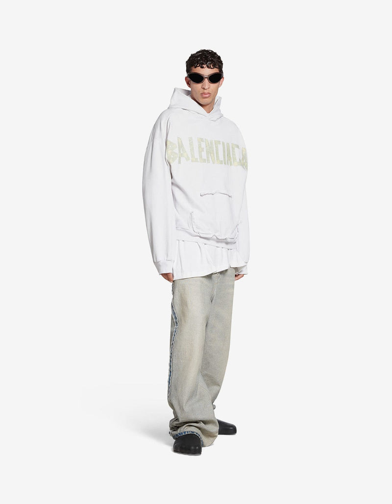 Balenciaga White Tape Type Ripped Pocket Large Hoodie