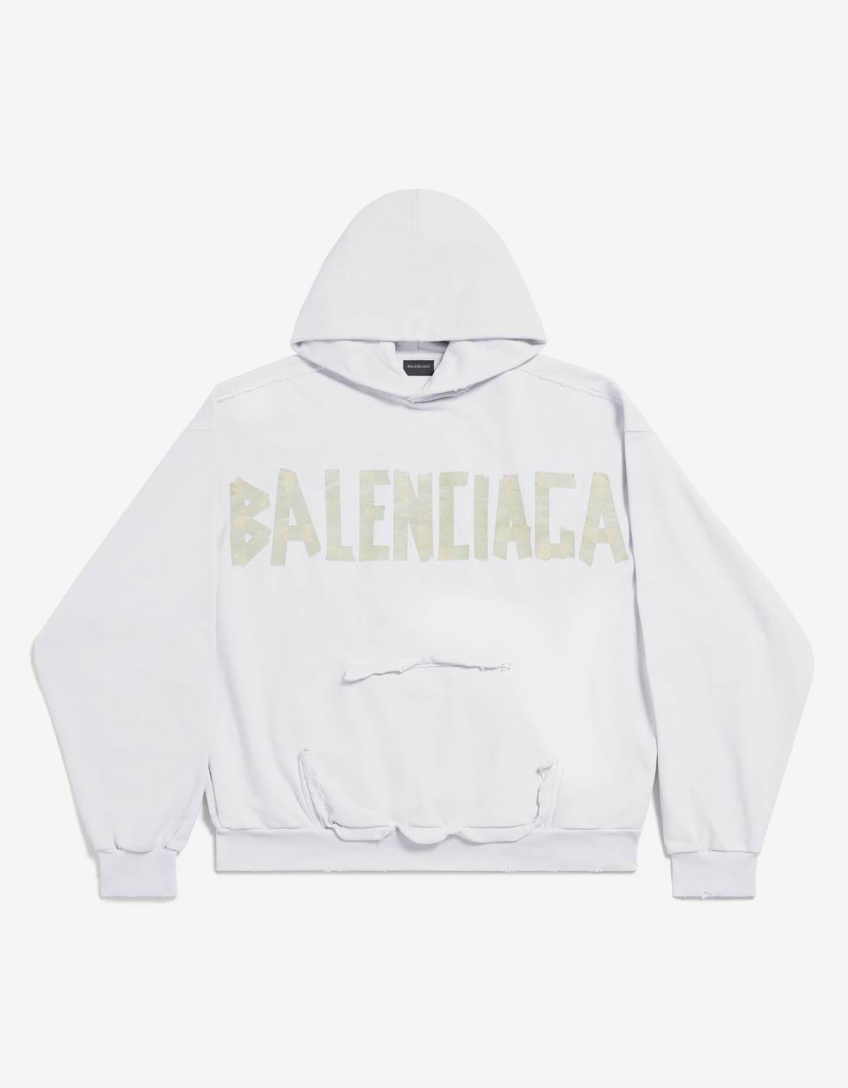 Balenciaga White Tape Type Ripped Pocket Large Hoodie