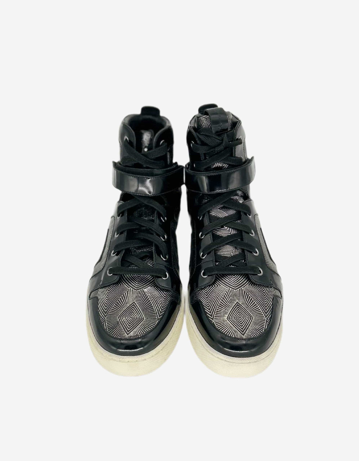 BALMAIN BLACK & SILVER HIGH TOP TRAINERS WITH GEOETRIC PATTERN
