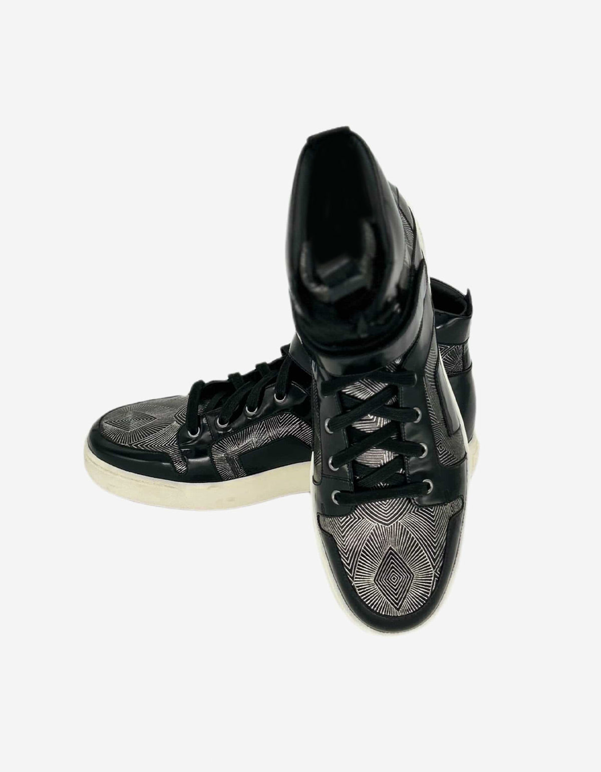 BALMAIN BLACK & SILVER HIGH TOP TRAINERS WITH GEOETRIC PATTERN