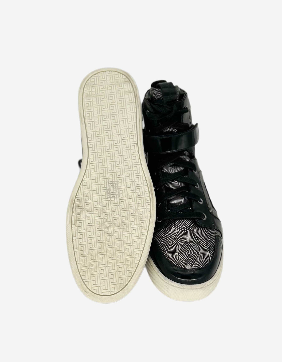 BALMAIN BLACK & SILVER HIGH TOP TRAINERS WITH GEOETRIC PATTERN