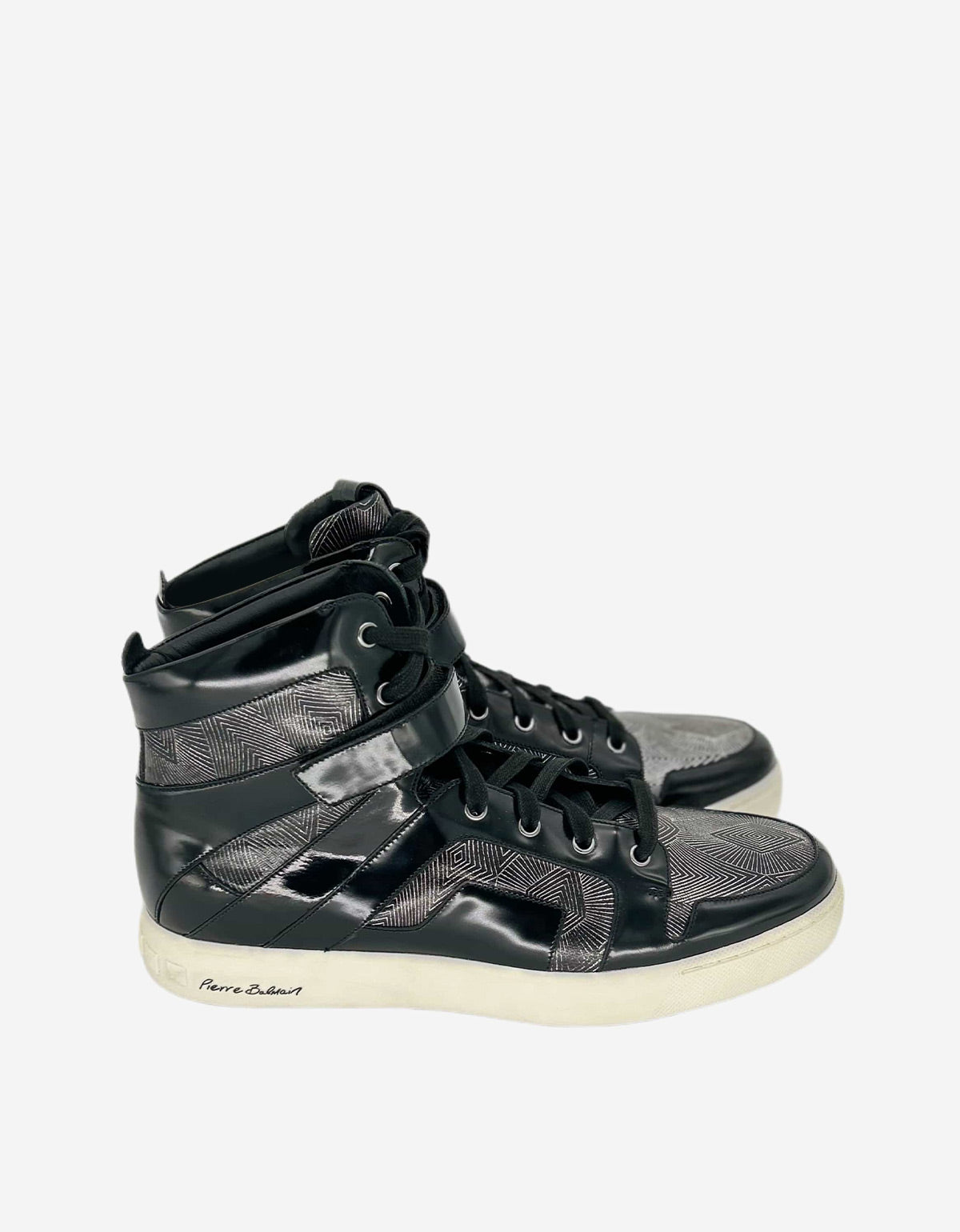 BALMAIN BLACK & SILVER HIGH TOP TRAINERS WITH GEOETRIC PATTERN