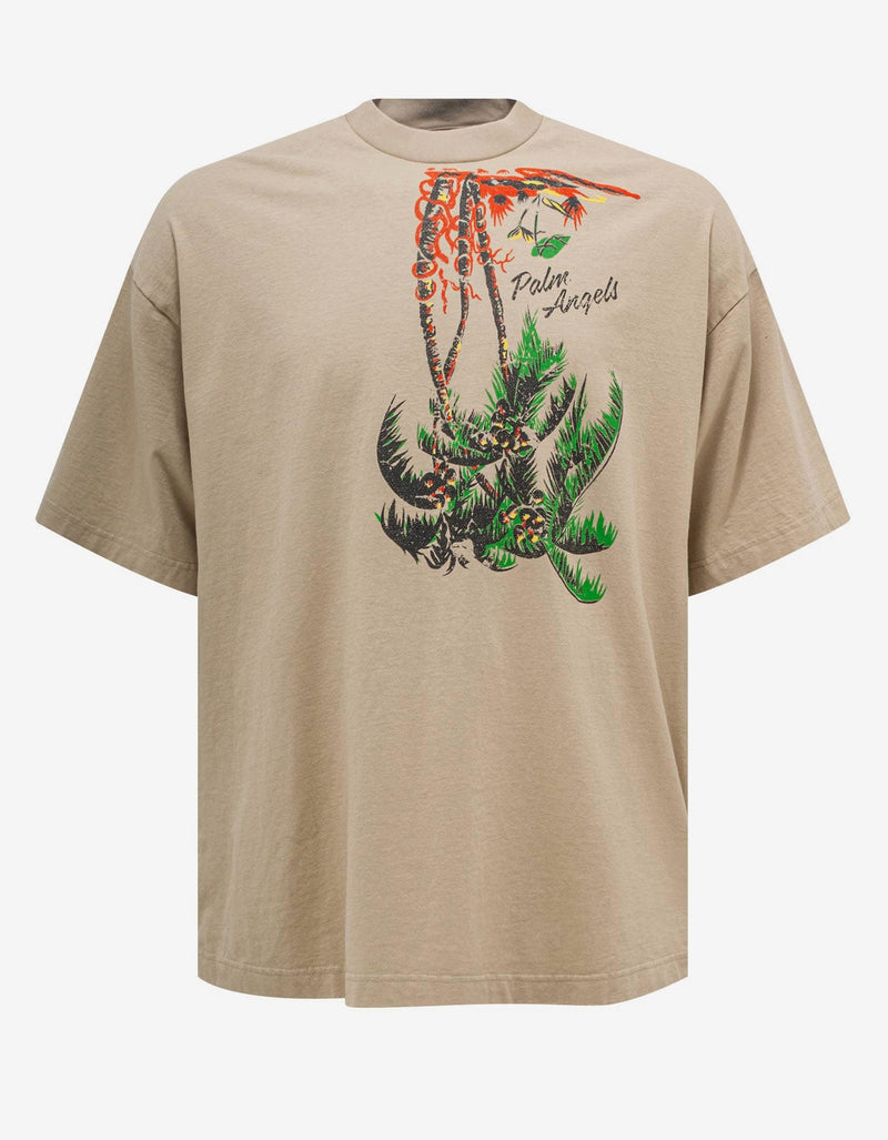 Beige Upside-Down Palm Print T-Shirt