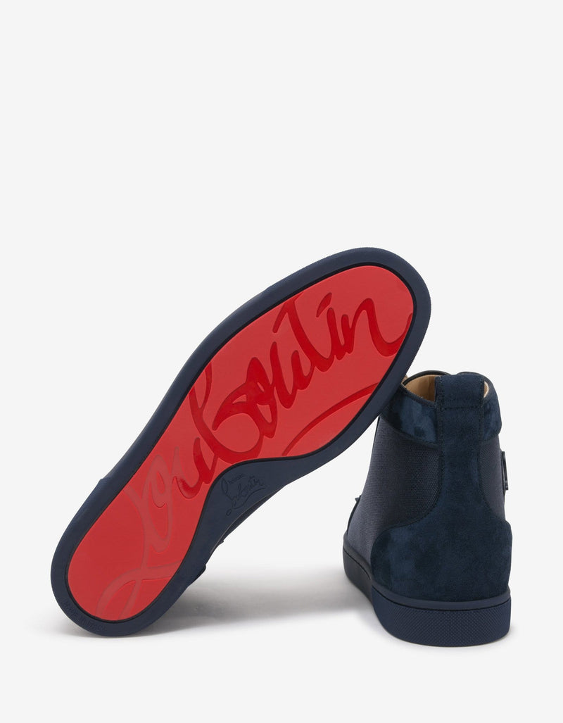 Christian Louboutin Lou Spikes Orlato Navy Blue Panelled High Top Trainers