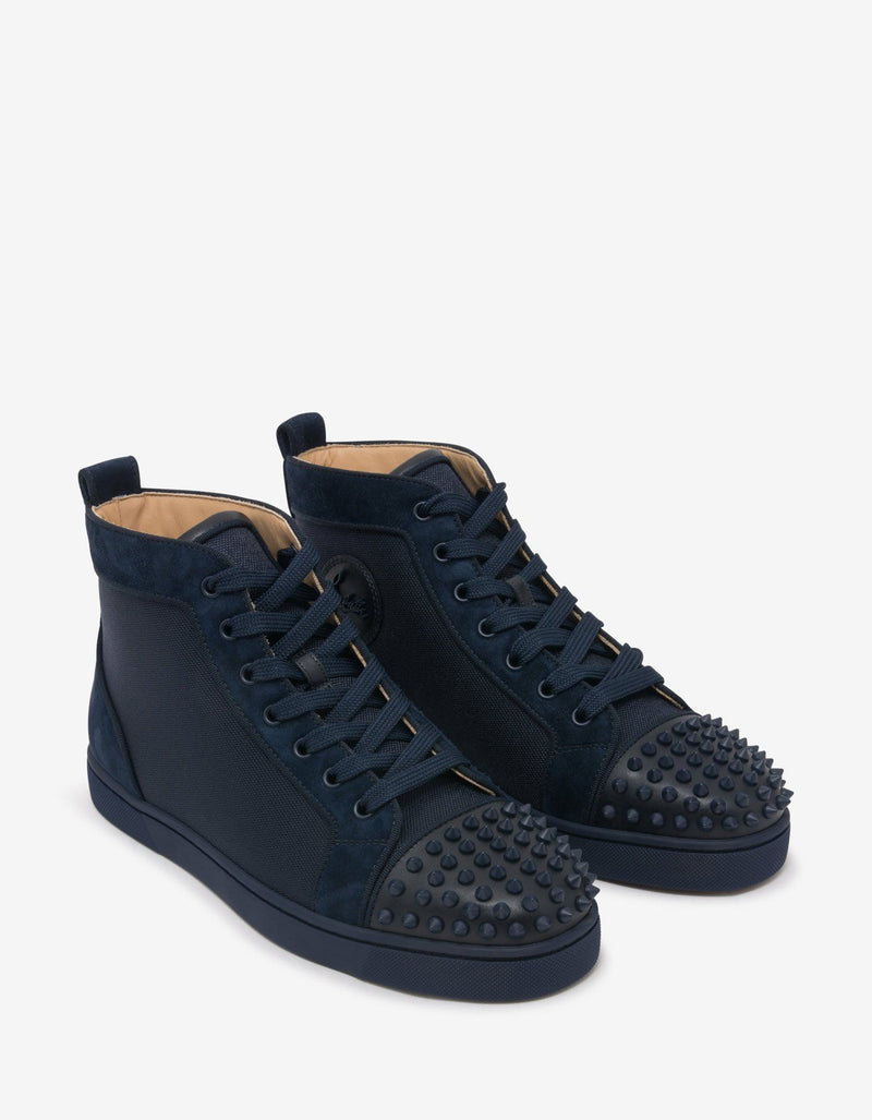 Christian Louboutin Lou Spikes Orlato Navy Blue Panelled High Top Trainers
