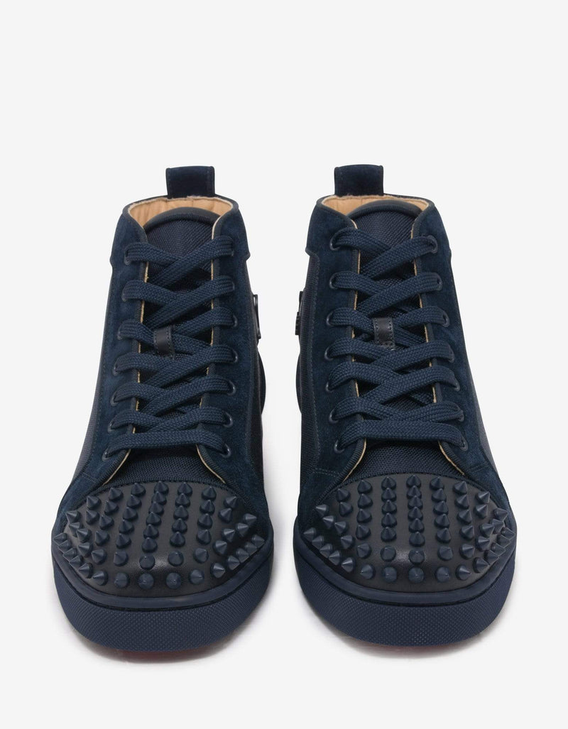 Christian Louboutin Lou Spikes Orlato Navy Blue Panelled High Top Trainers