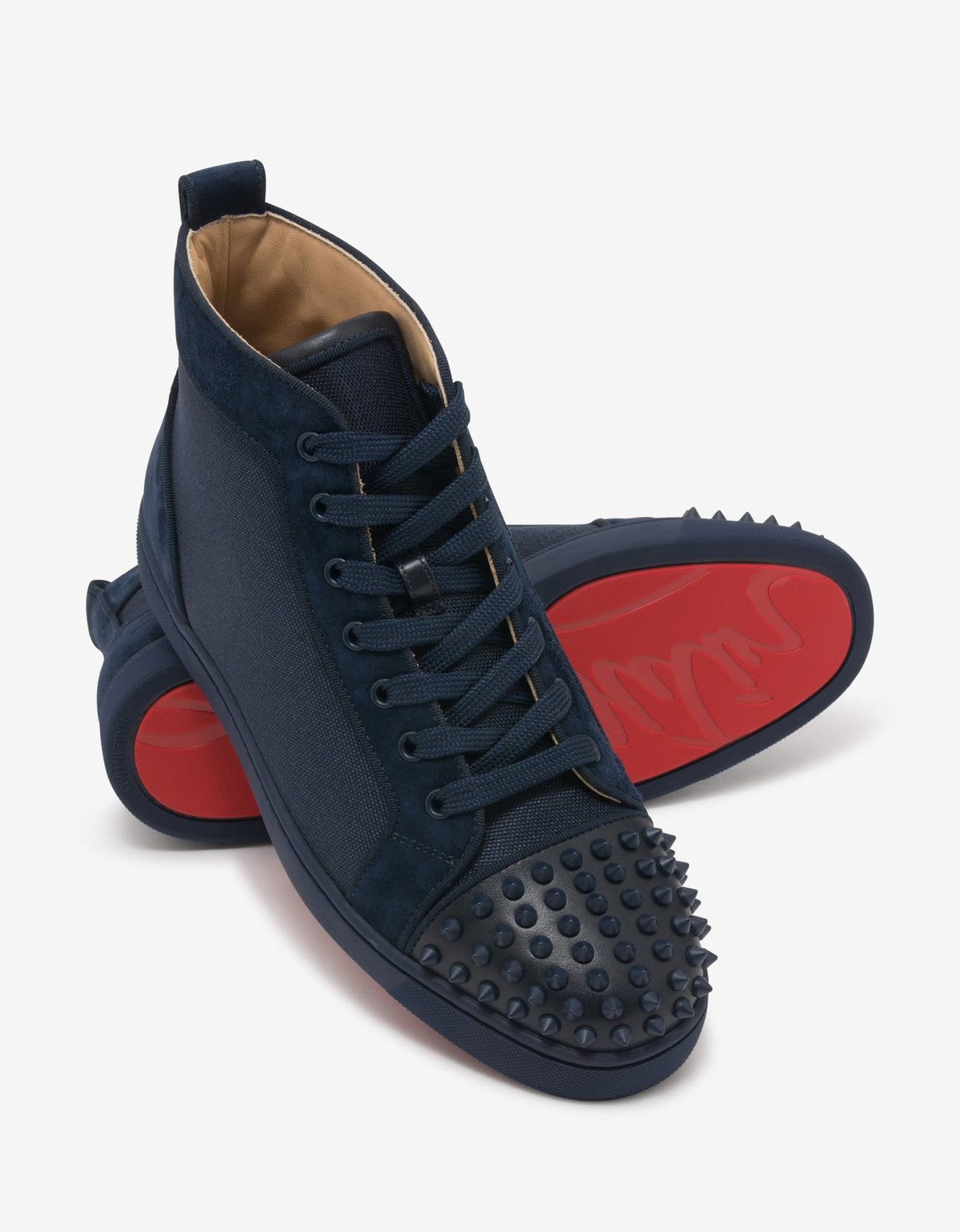 Christian Louboutin Lou Spikes Orlato Navy Blue Panelled High Top Trainers