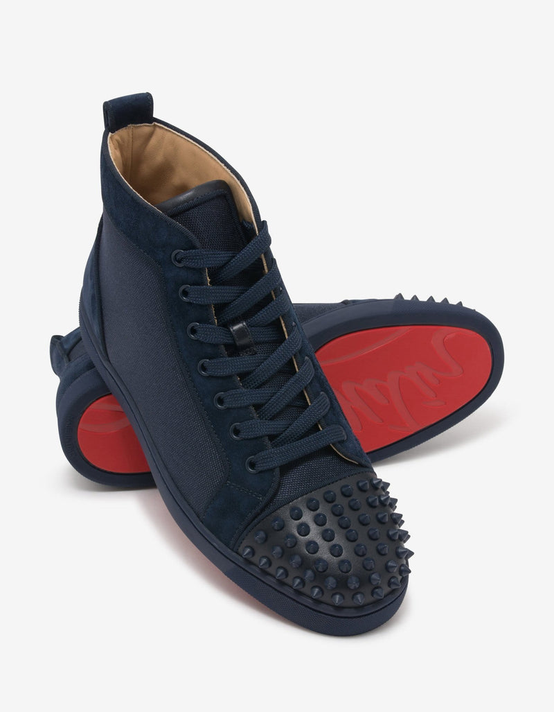 Christian Louboutin Lou Spikes Orlato Navy Blue Panelled High Top Trainers