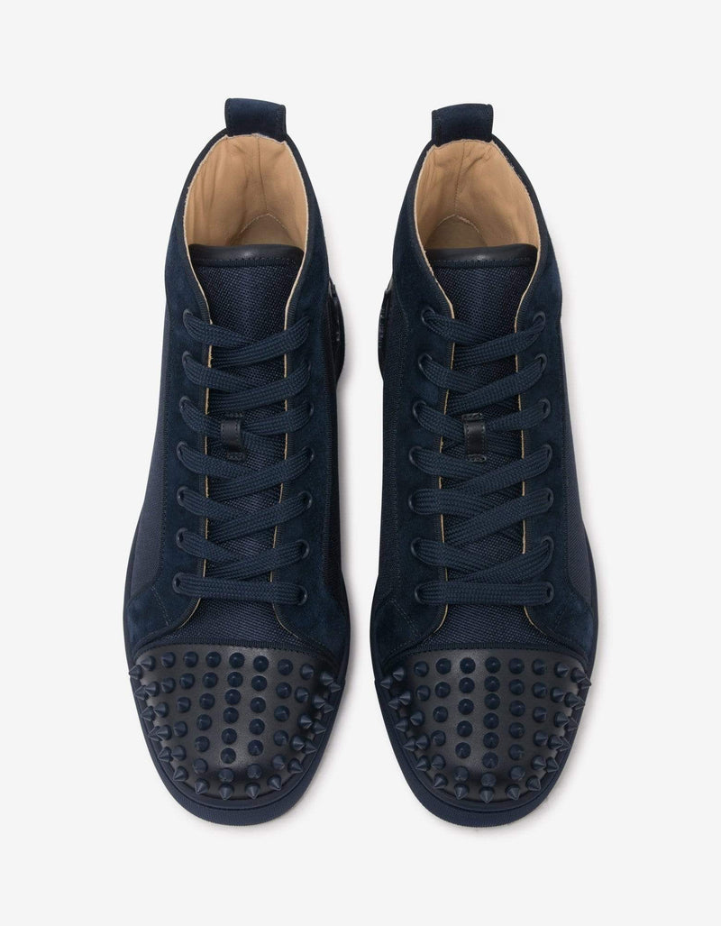 Christian Louboutin Lou Spikes Orlato Navy Blue Panelled High Top Trainers