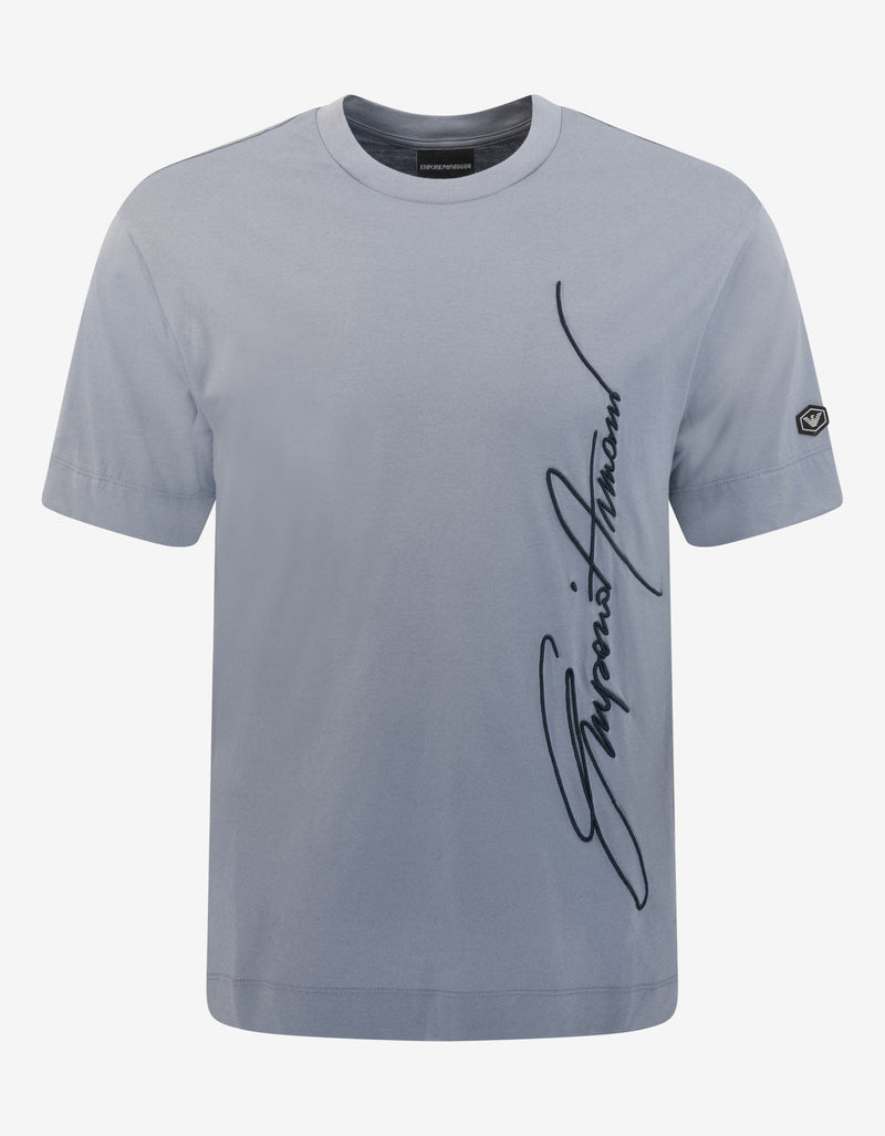 Emporio Armani Blue Signature Logo Embroidery T-Shirt
